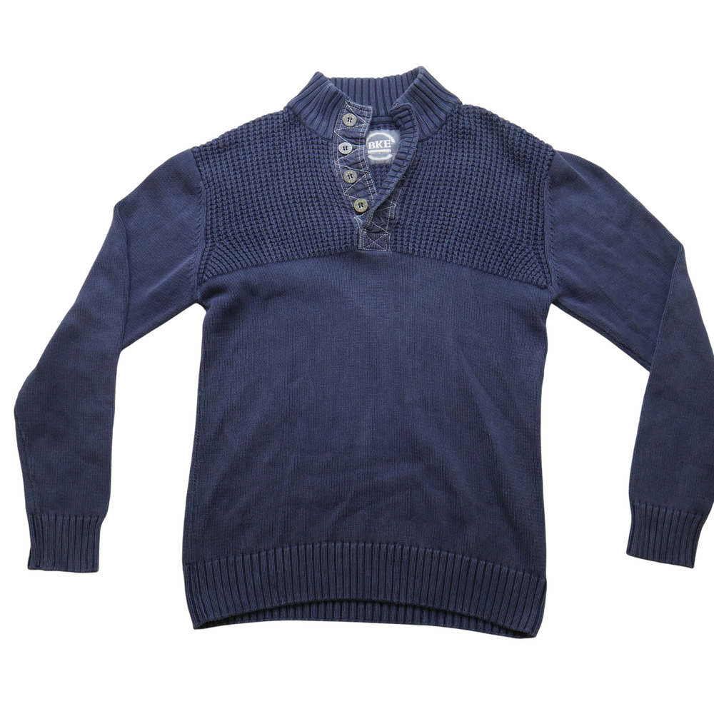 BKE Sweater Mens Large Standard Fit Blue Mock Neck Henley Fitted Ribbed Button